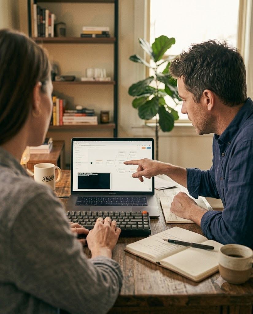 Two people working side by side at a desk, reviewing a workflow diagram on a laptop screen.