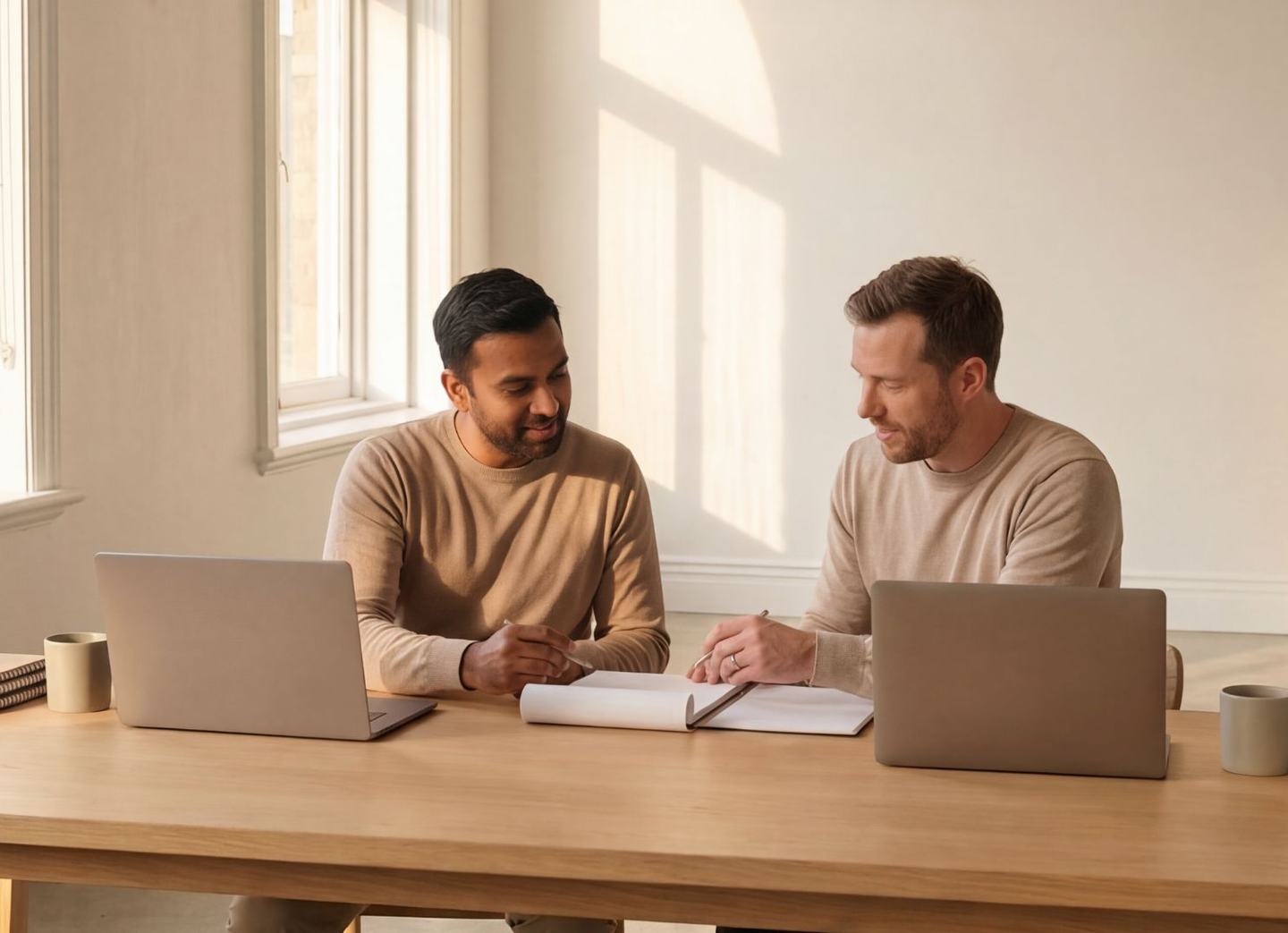 Two people working side by side at a long desk, each with a laptop, talking through notes between them.