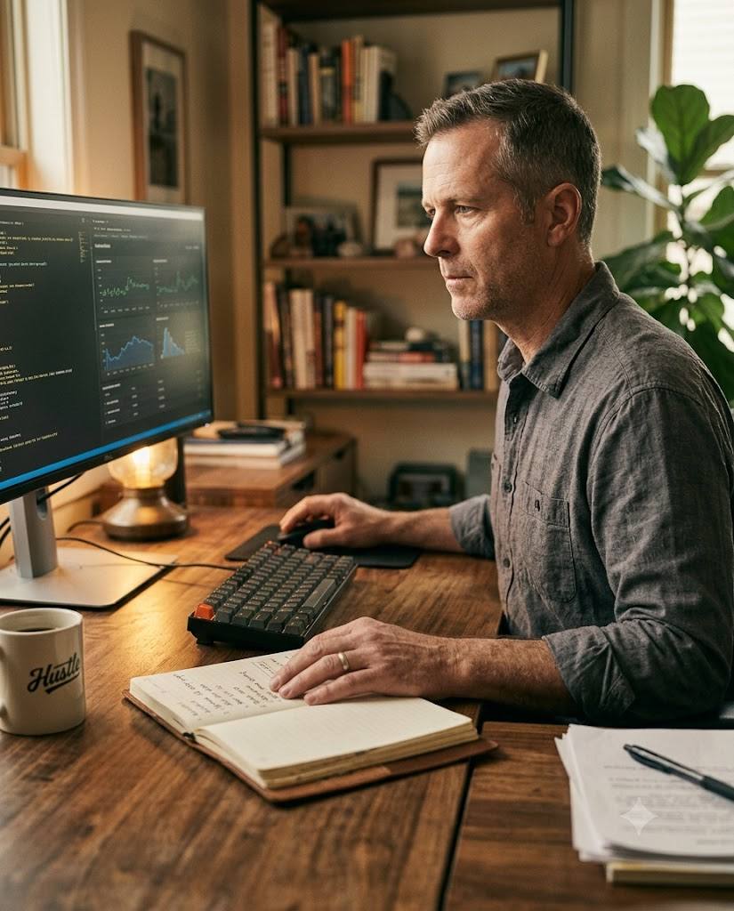 An operator working at a home-office desk, reviewing dashboards on a monitor beside a handwritten notebook.