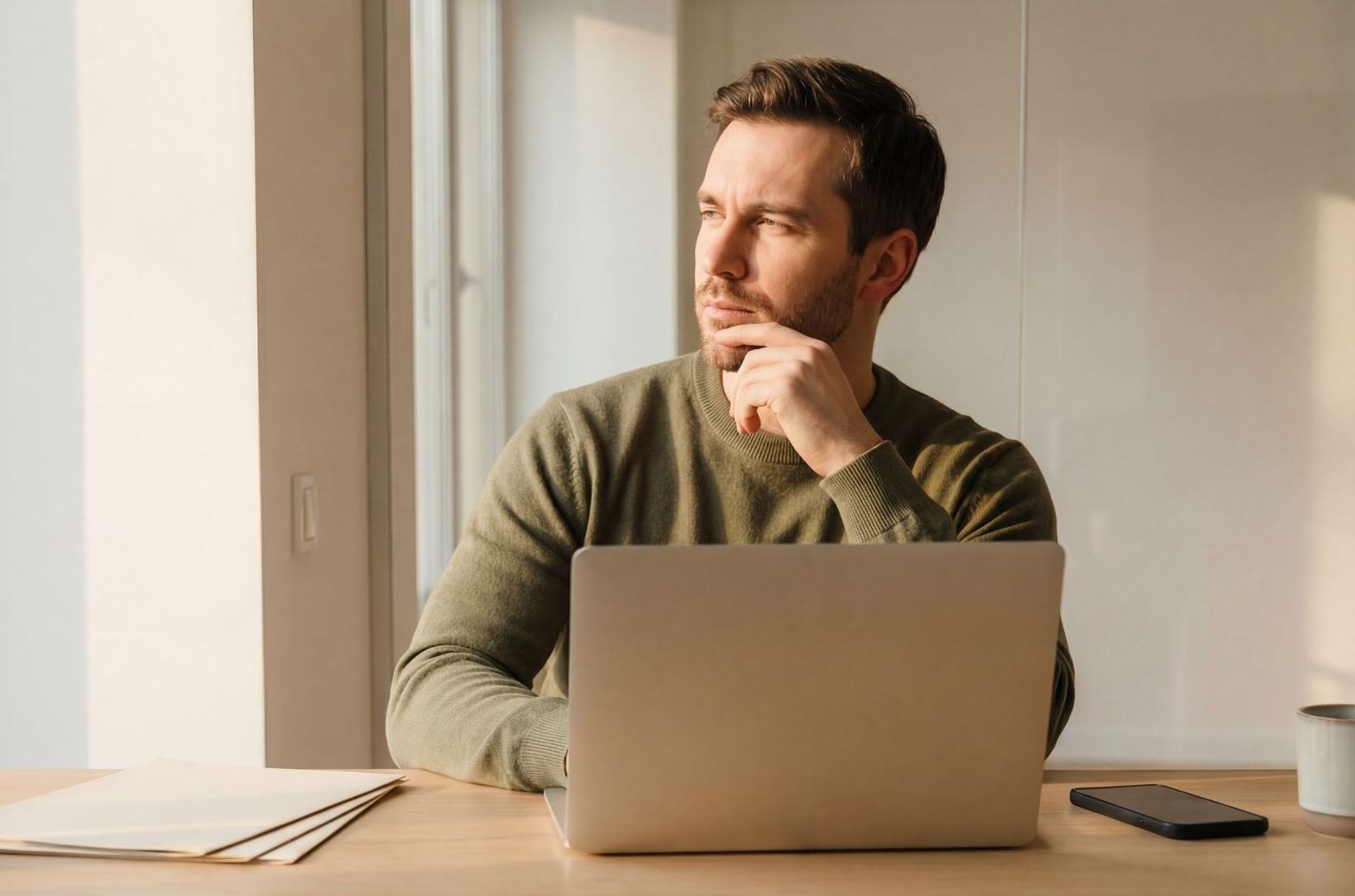 A man working alone at a desk, laptop open, pausing to think.