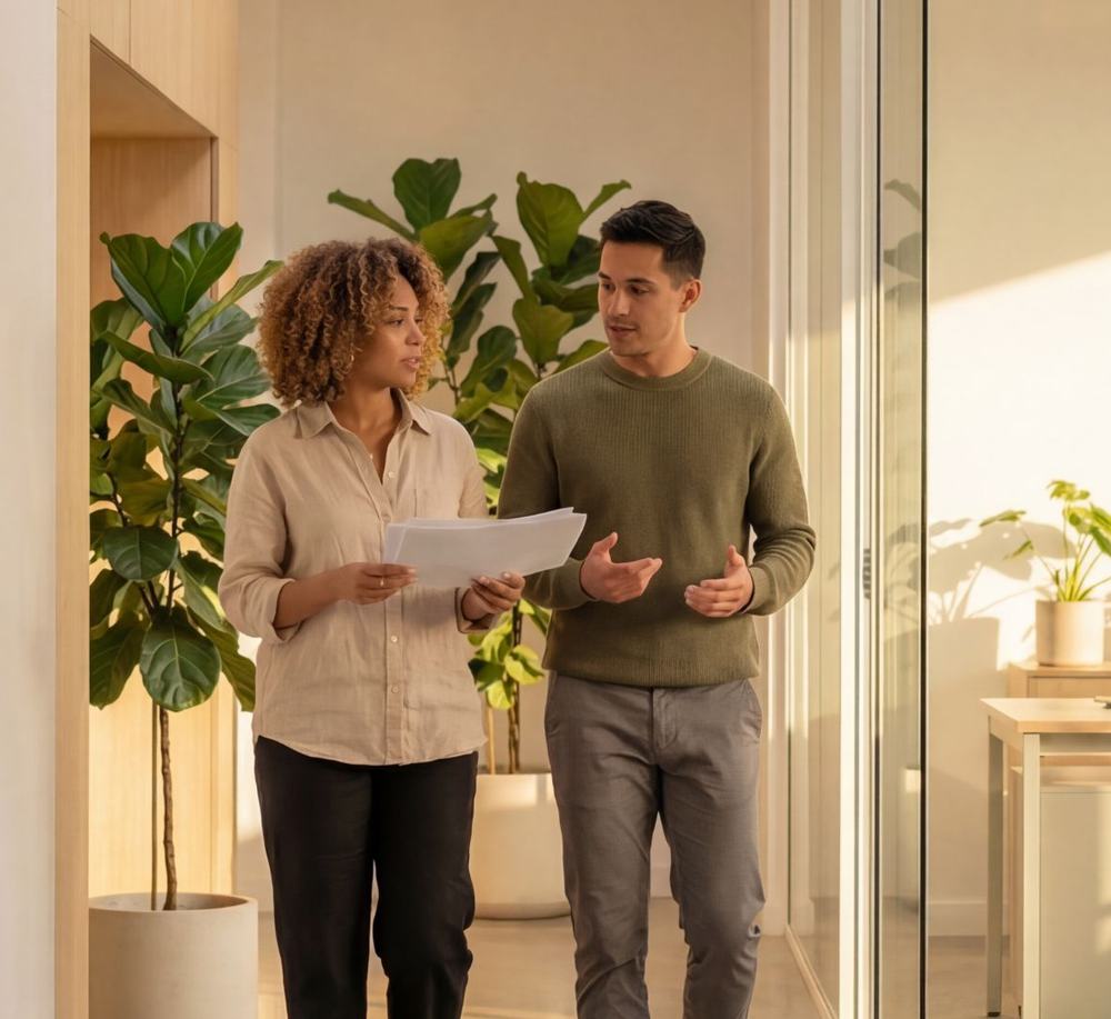 Two colleagues standing in a bright office, talking through a printed document.