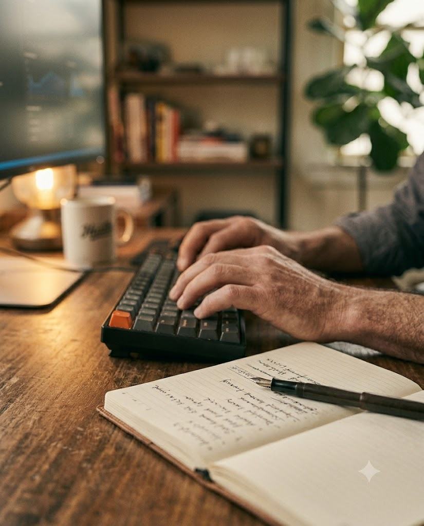 Close-up of hands typing at a mechanical keyboard beside an open handwritten notebook.
