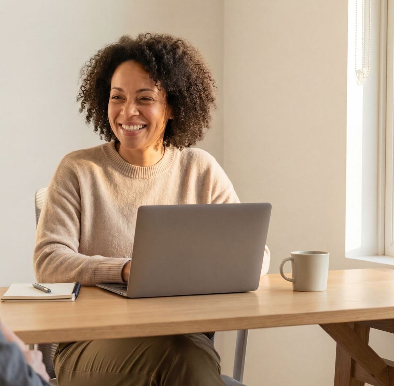 Two people at a shared desk by a window, one working at a laptop.